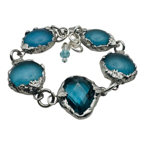 Artisan Jewelry - Artisan Crafted Sea Glass Cabochons Bracelet & Faceted Crystal Accent